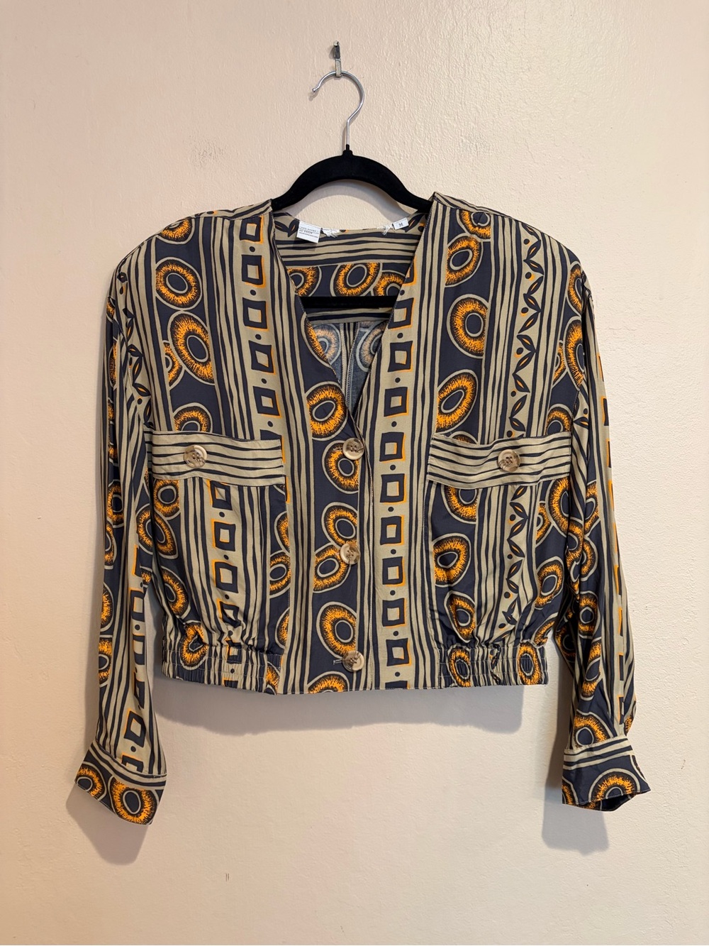 Vintage Tribal Inspired Bomber Jacket w/ Gold Rings and Geometric Designs, M